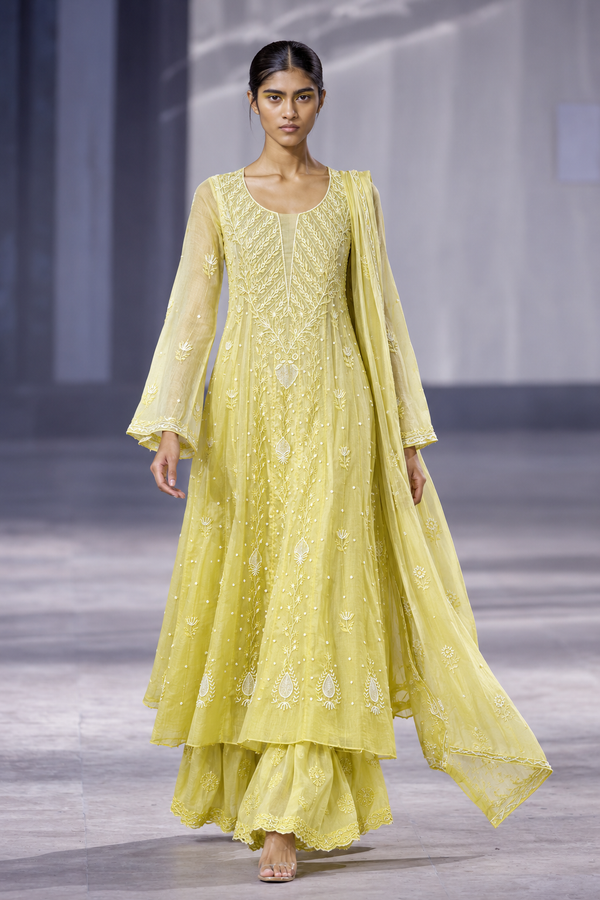 Bright Greenish Yellow Mul Chanderi Chikankari Anarkali Suit Set with Sharara & Dupatta – Cutdana & Bead Work