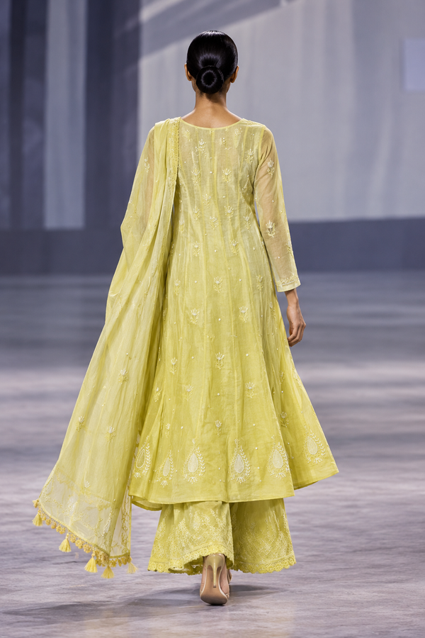 Bright Greenish Yellow Mul Chanderi Chikankari Anarkali Suit Set with Sharara & Dupatta – Cutdana & Bead Work