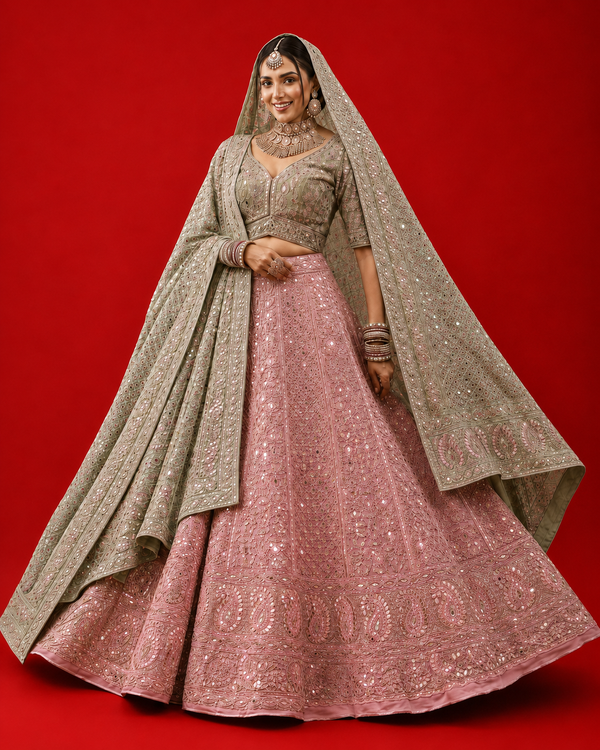 Blush Pink & Pista Green Gota Patti Chikankari Georgette Lehenga Choli with Dupatta