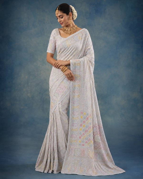 Premium Light Blue Heavy Chikankari Pure Georgette Saree with Sequin & Cutdana Work + Blouse |