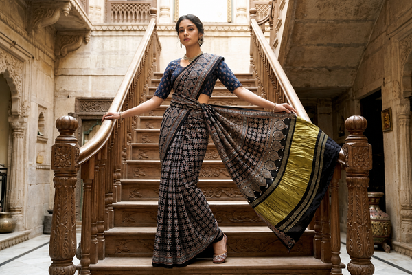 Ajrakh Black Mirror Work Saree with Natural Dye – Kutch, Gujarat