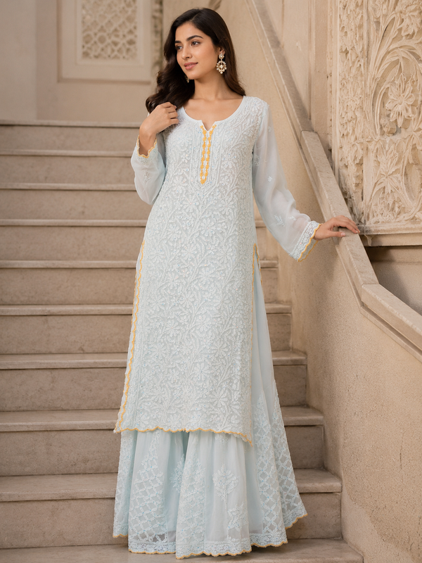 Handcrafted Lucknowi Chikankari Mukaish Work Georgette Straight Suit with Sharara | Stitched | Without Dupatta