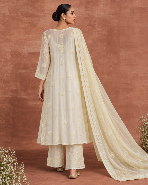 Chikankari Light Yellow Cutdana Suit Set with Pants, Dupatta & Slip in Premium Georgette