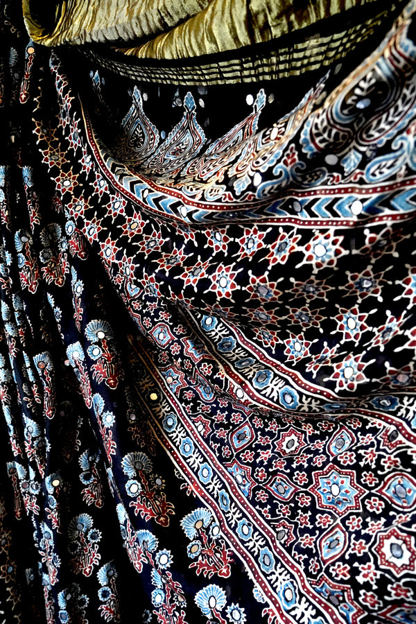 Ajrakh Black Mirror Work Saree with Natural Dye – Kutch, Gujarat