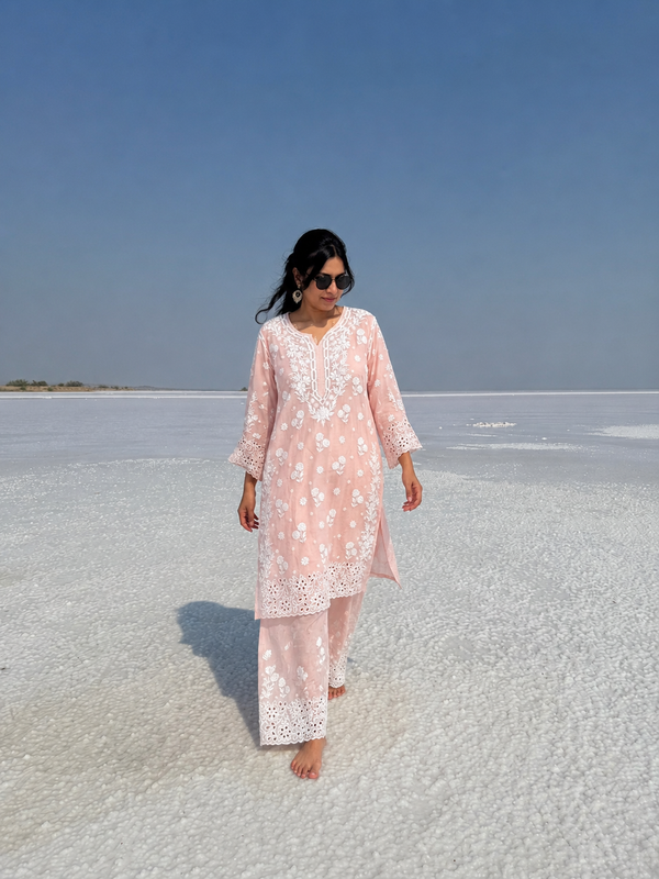 Blush Pink Lucknowi Ghas Patti Chikankari Cutwork Muslin Palazzo Set