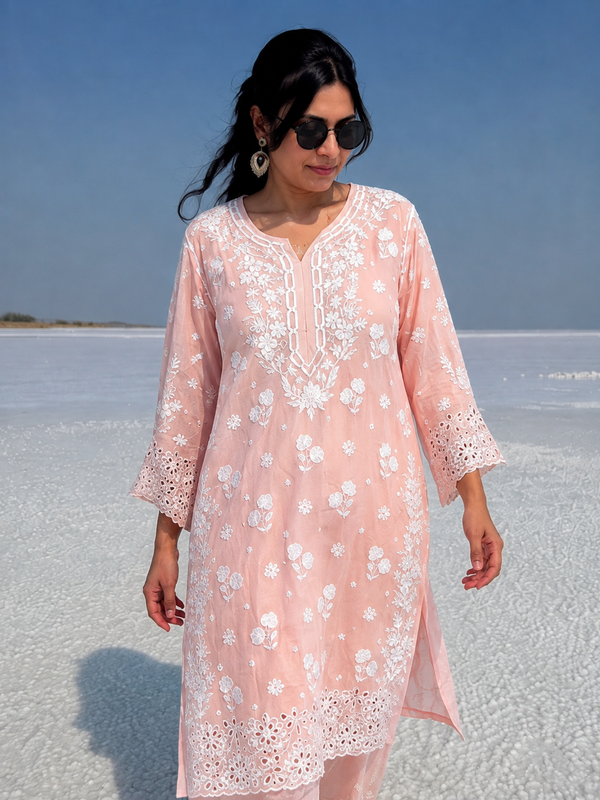 Blush Pink Lucknowi Ghas Patti Chikankari Cutwork Muslin Palazzo Set