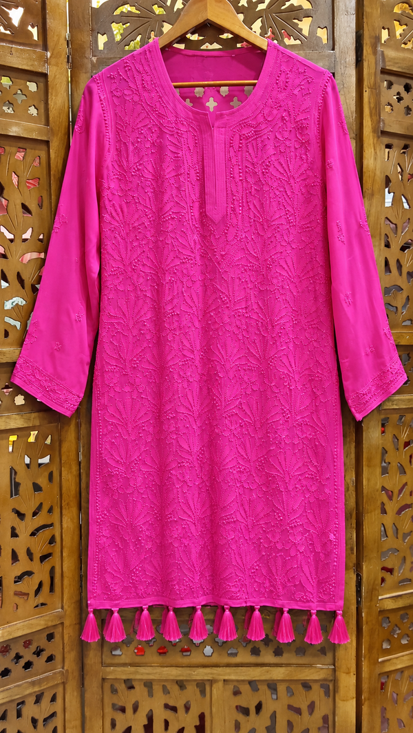 Fuchsia Pink Short Kurti with Sharara, Slip & Dupatta – Resham Jaal Chikankari Work