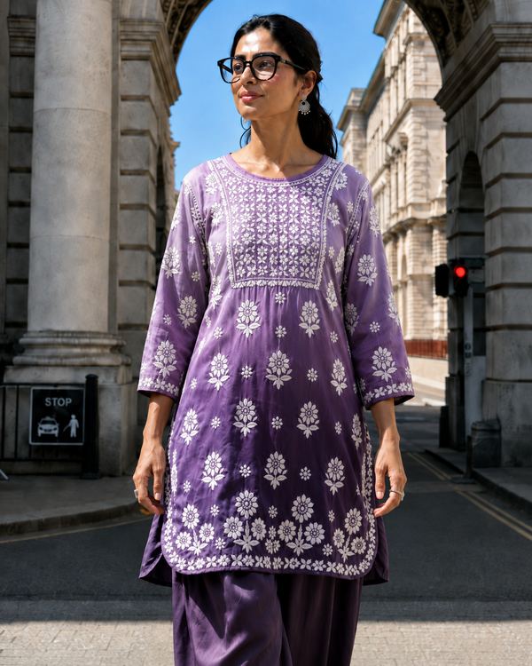 Lavender Purple Lucknowi Chikankari Ghas Patti Floral Jaal & Buti Short Kurti with Afghani Salwar Set