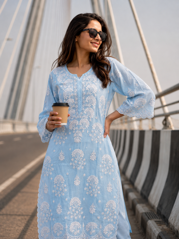 Ice Blue Handcrafted Lucknowi Ghas Patti Chikankari Kurta Palazzo Set with Phanda & Murri Work