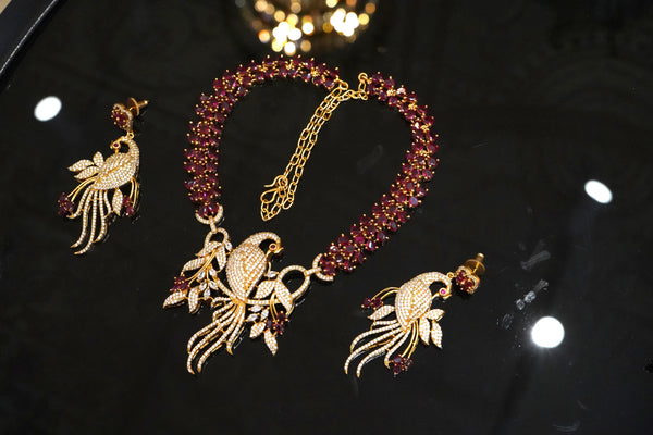 Wedding wear Turkish-Inspired Ruby Stone American Diamond Peacock Necklace & Earring Set