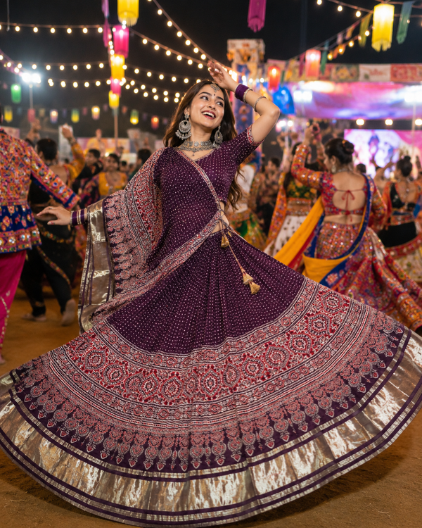 Premium Burgundy Lustrous Lagdi Patta Ajrakh Chaniya Choli – Navratri & Garba Chaniya Choli Set