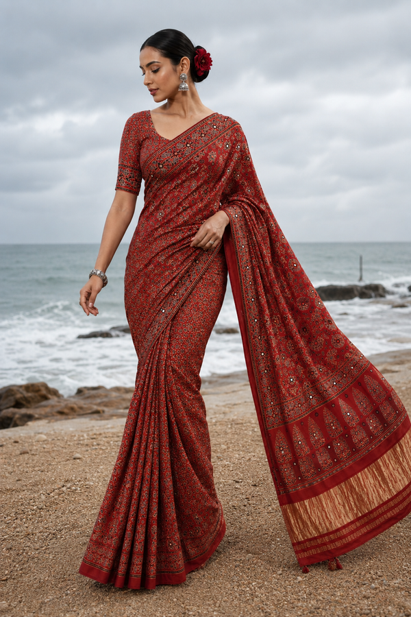 Ajrakh Red Mirror Work Saree – Natural Dye Handcrafted Saree from Kutch, Gujarat