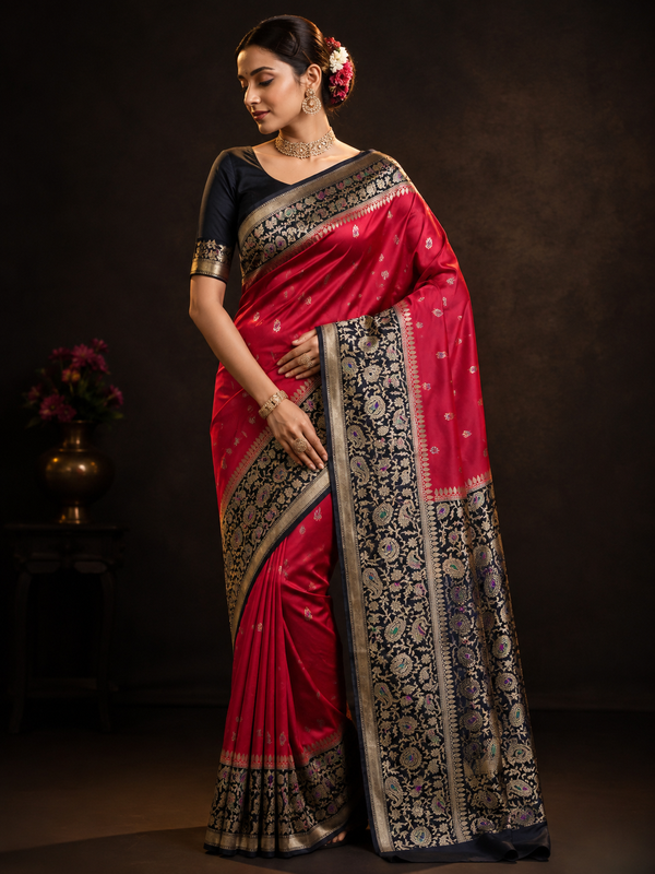 Premium red and black Banarasi pure mulberry silk saree with pure silver zari border pallu and blouse