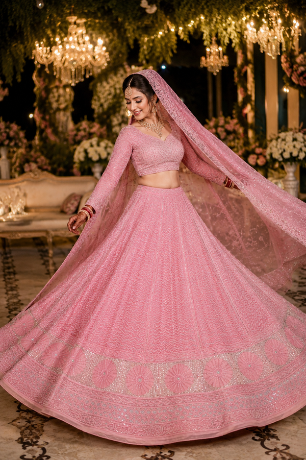 Handcrafted Lucknowi Chikankari Heavy Cutdana & Gota Work Blush Pink Georgette Semi-Stitched Lehenga Choli with Dupatta
