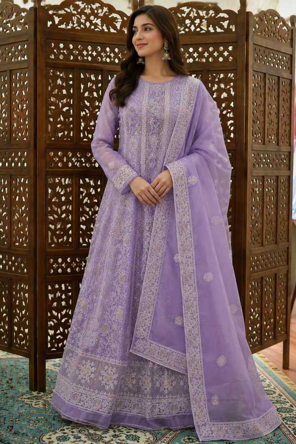Lavender Pure Organza Chikankari Anarkali with Heavy Cutdana & Sequin Handwork