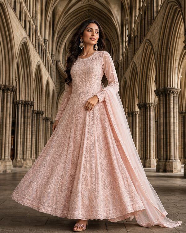Chikankari-Premium Blush Pink Georgette Anarkali Kurti with Bead Work for Wedding & Festive Wear