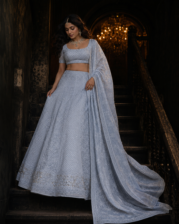 Premium Light Blue Heavy Chikankari Lehenga Set in Pure Georgette with Cutdana, Sequin & Bead Work | Blouse, Dupatta & Complimentary Belly Chain