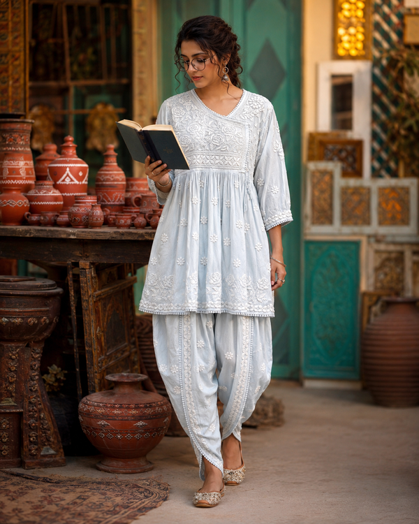 Ice Blue Lucknowi Ghas Patti Chikankari Short Frock Kurti with Afghani Bottom Set