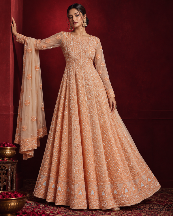 Ombre Peach Pure Georgette Chikankari Anarkali with Bead Work & Dupatta