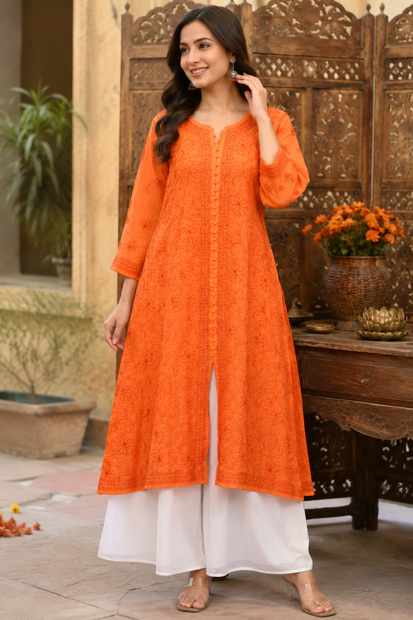 Premium Lucknowi Chikankari Chanderi Silk Kurti for Women | Handcrafted Ethnic Embroidered Kurti-Stitched