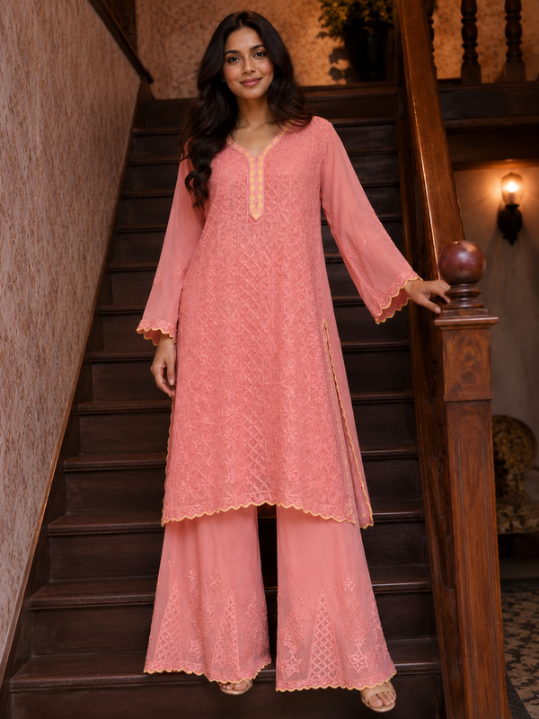 Handcrafted Lucknowi Chikankari Mukaish Work Georgette Straight Suit with Sharara | Stitched | Without Dupatta