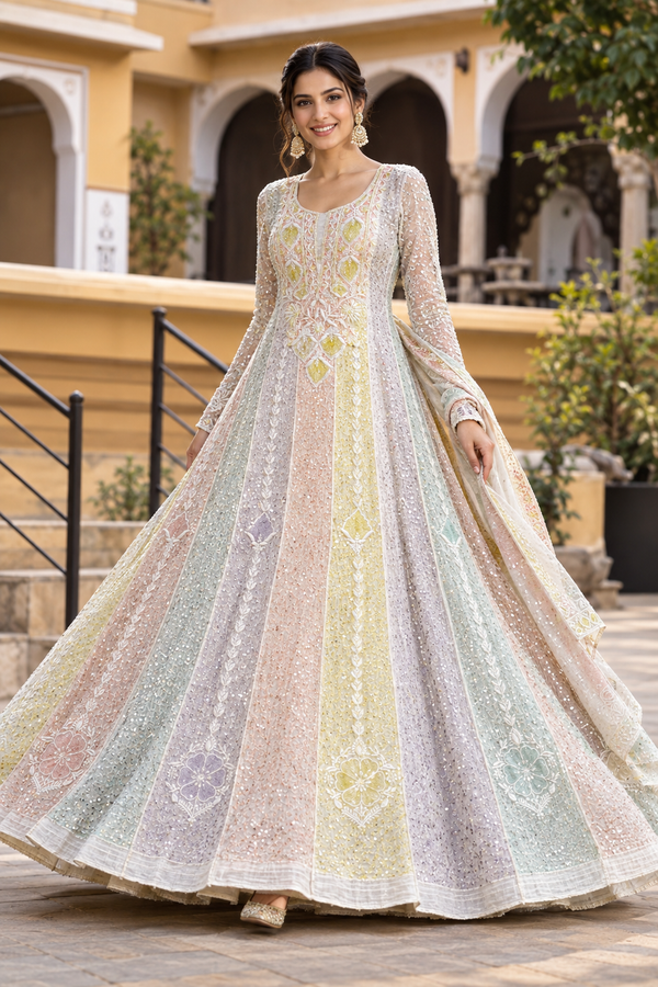 Pastel Multi-Colour Chikankari Mul Chanderi Sequin Work Anarkali with Dupatta