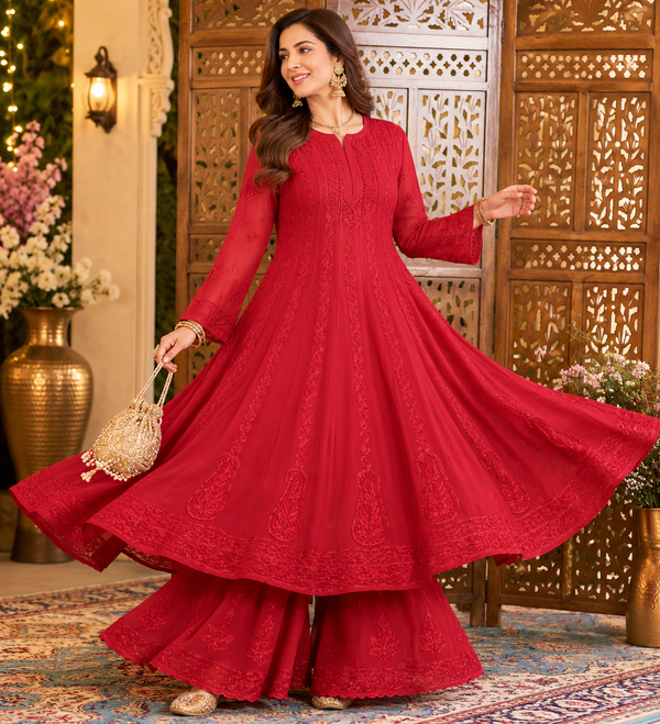 Chikankari Resham Work Anarkali Suit with Sharara, Dupatta & Slip
