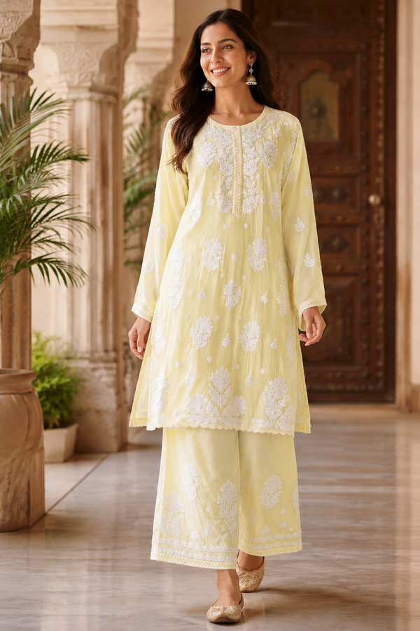 Chikankari Ghass Patti Work Crepe Silk Yellow Suit Set