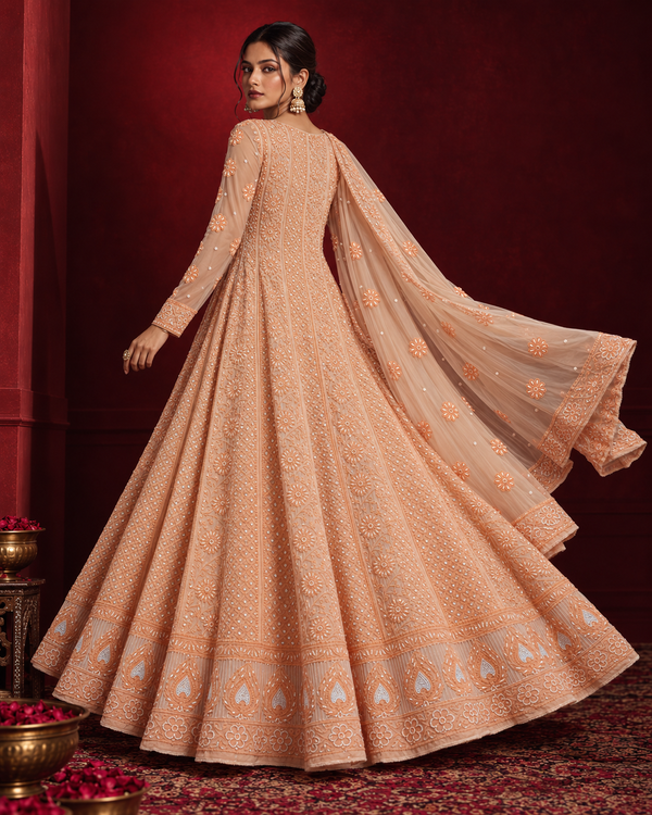 Ombre Peach Pure Georgette Chikankari Anarkali with Bead Work & Dupatta
