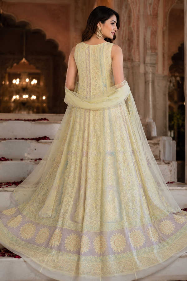Handcrafted Lucknowi Chikankari Heavy Multi Cutdana Work Yellow Georgette Semi-Stitched Anarkali Suit with Dupatta