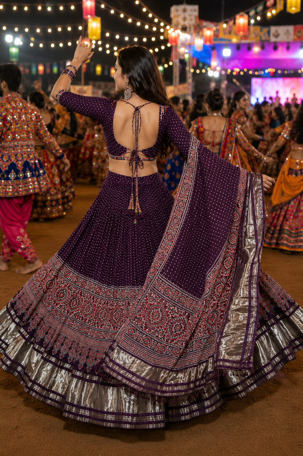 Premium Burgundy Lustrous Lagdi Patta Ajrakh Chaniya Choli – Navratri & Garba Chaniya Choli Set