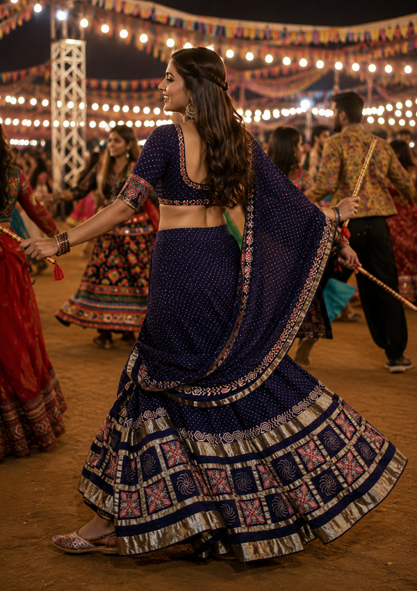 Navy Blue Ajrakh Check Pattern Patta Chaniya Choli | Navratri Garba Lehenga Set