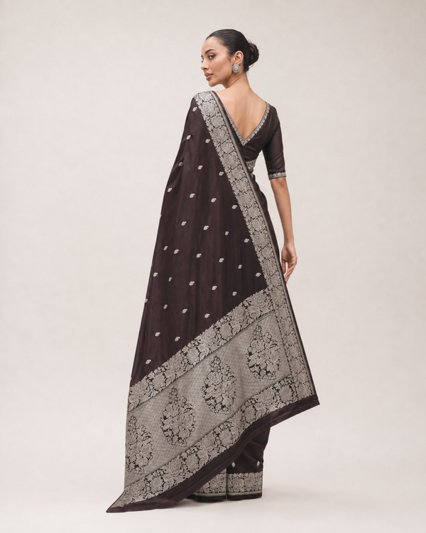 Royal Brown Banarasi Pure Mulberry Silk Silver Zari Saree