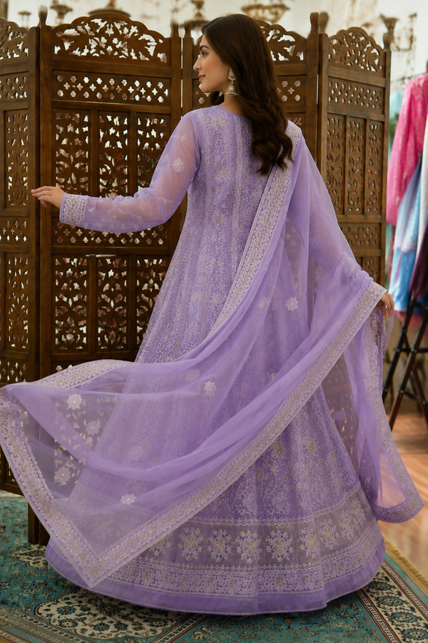 Lavender Pure Organza Chikankari Anarkali with Heavy Cutdana & Sequin Handwork