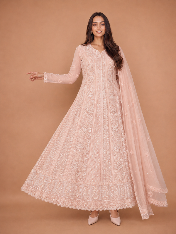 Chikankari-Premium Blush Pink Georgette Anarkali Kurti with Bead Work for Wedding & Festive Wear