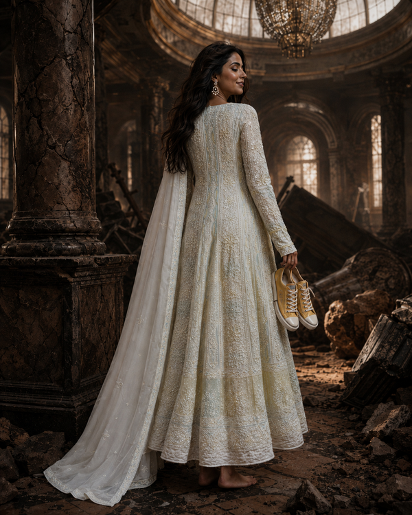 Chikankari - Lemon Yellow Georgette Anarkali with Heavy Cutdana & Bead Work