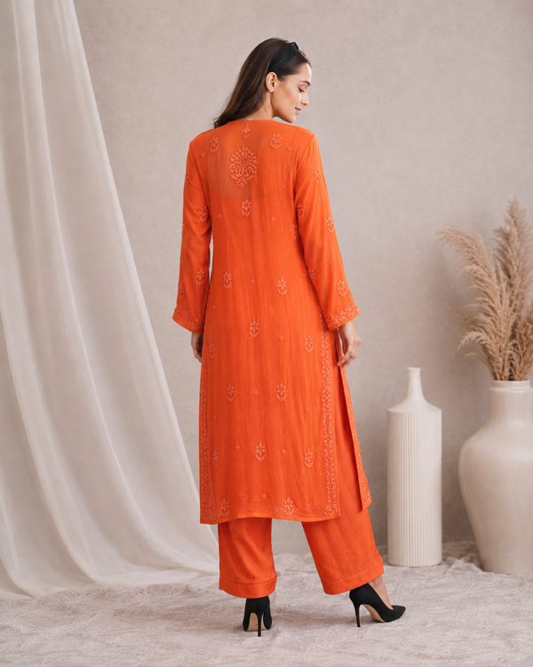 Premium Orange Chikankari Ghas Patti & Mukaish Georgette Suit Set with Slip & Dupatta | Festive Wear