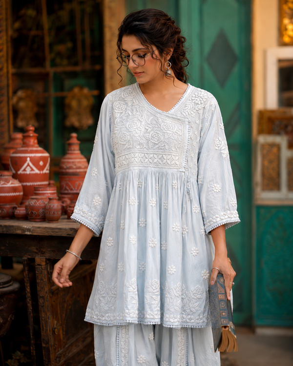 Ice Blue Lucknowi Ghas Patti Chikankari Short Frock Kurti with Afghani Bottom Set