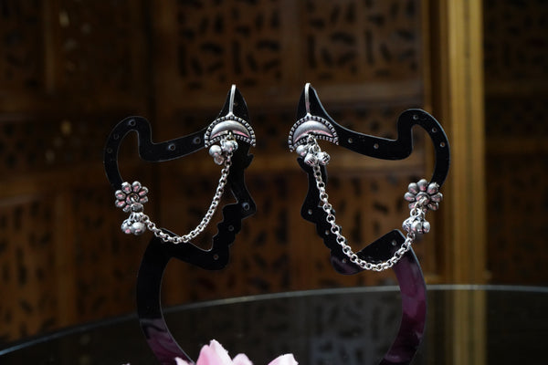 Oxidised Silver-Tone Floral Ear Chain Earrings with Ghungroo Detailing