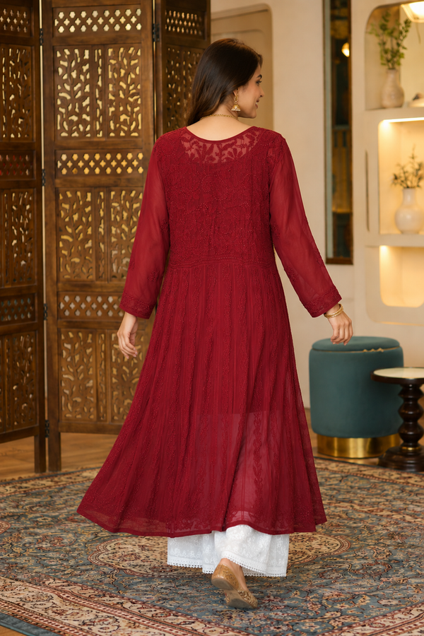 Chikankari-Maroon Resham Chikankari Fine Work Anarkali with White Sharara Set