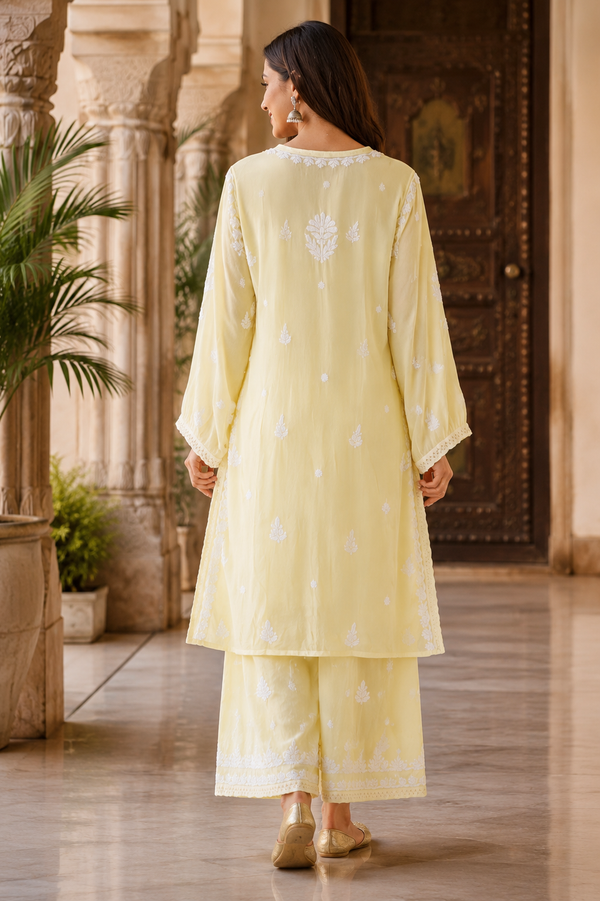 Chikankari Ghass Patti Work Crepe Silk Yellow Suit Set