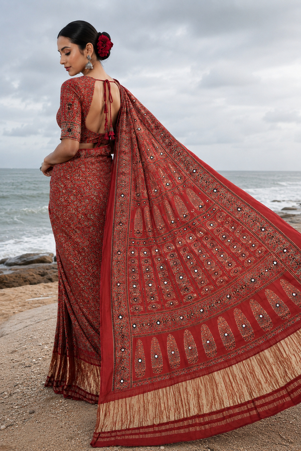Ajrakh Red Mirror Work Saree – Natural Dye Handcrafted Saree from Kutch, Gujarat