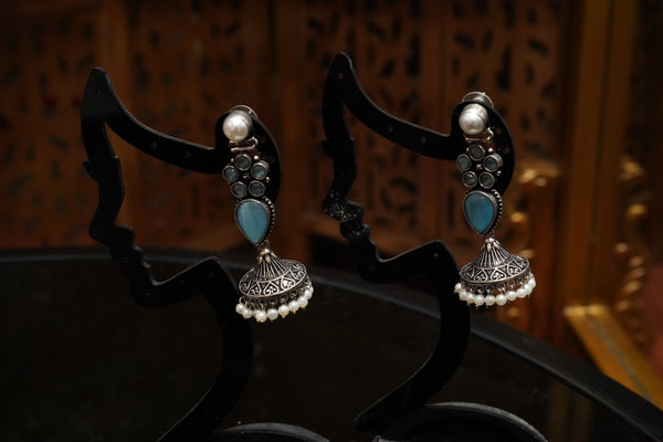 Silver-Tone Brass Monalisa Stone Jhumka Earrings with Pearl Beads –Jhumpa
