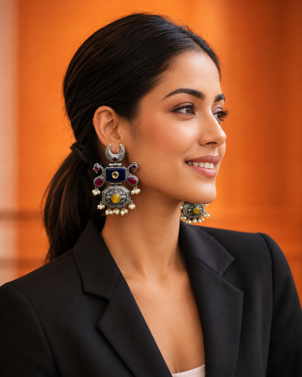 Antique Silver-Tone Brass Multicolour Monalisa Stone Statement Earrings