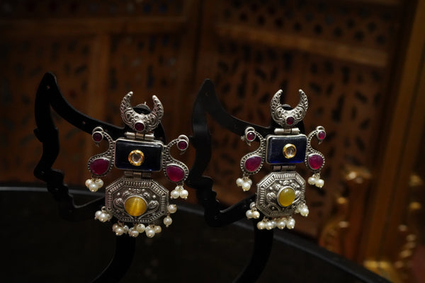 Antique Silver-Tone Brass Multicolour Monalisa Stone Statement Earrings
