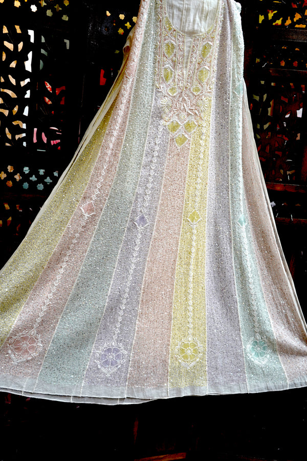 Pastel Multi-Colour Chikankari Mul Chanderi Sequin Work Anarkali with Dupatta