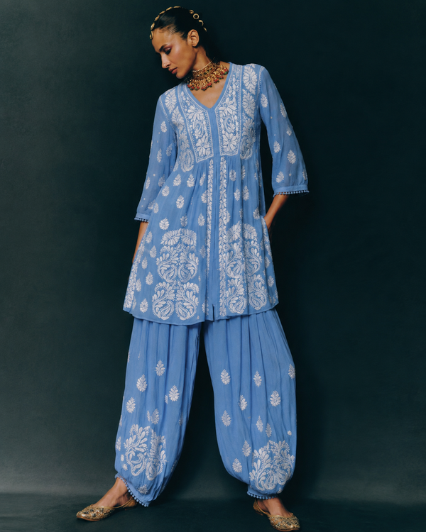 Chikankari Premium Blue Modal Satin Afghani Kurta Pant Set | White Embroidery Ethnic Co-ord
