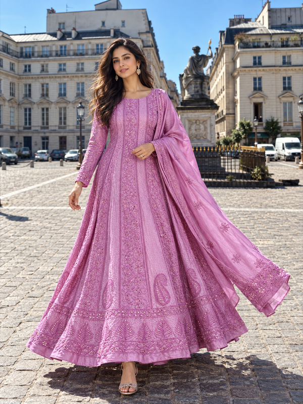 Onion Pink Pure Mul Chanderi Chikankari Anarkali Gown with Pitta & Mukaish Work and Dupatta