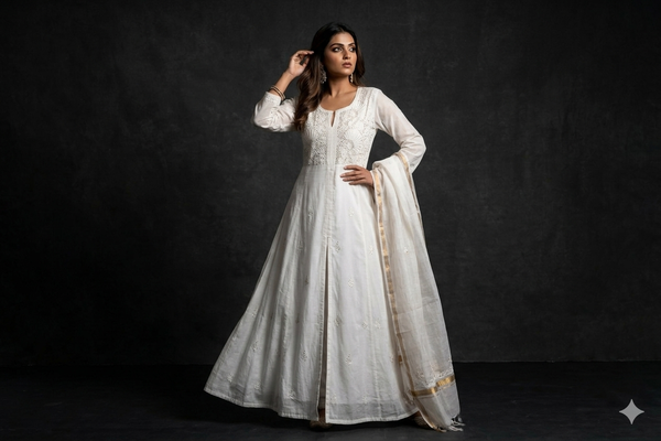 White Mul Chanderi Chikankari Anarkali Set with Mukesh Work (Semi-Stitched) | Dupatta Included