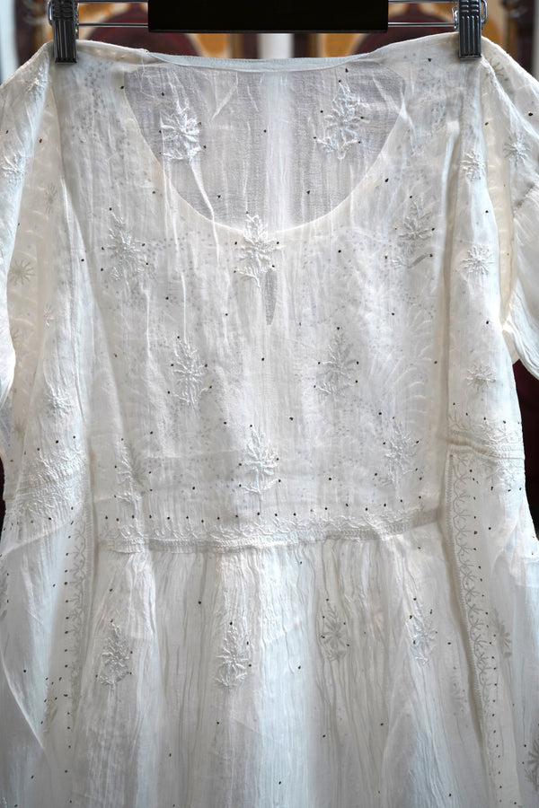 White Mul Chanderi Chikankari Anarkali Set with Mukesh Work (Semi-Stitched) | Dupatta Included